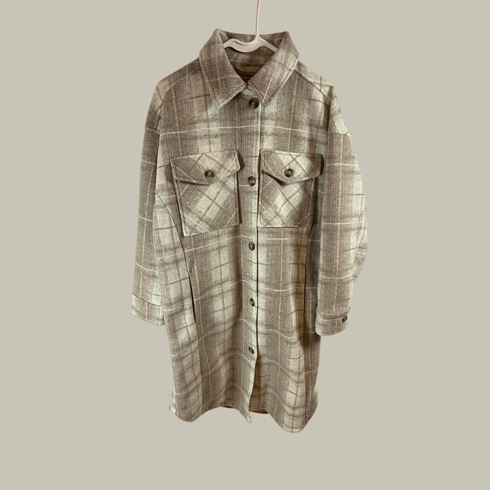 American Eagle Plaid Longline Shacket Shirt Jacket Tan Gray Small
